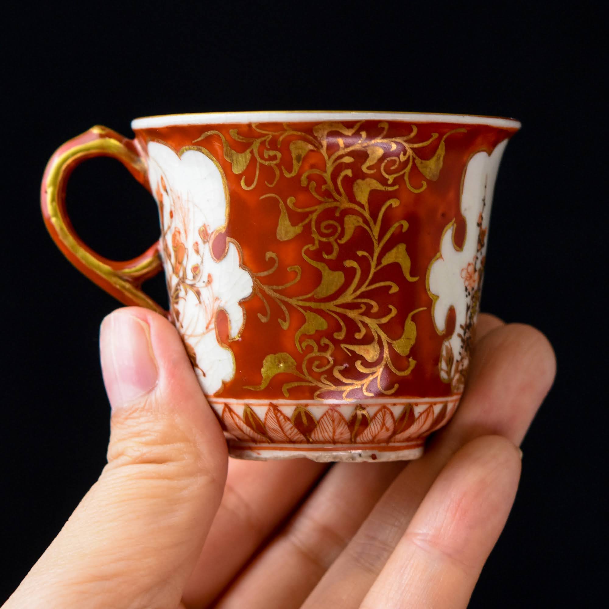 明治輸出品 九谷焼 オールドニッポン 金彩 赤絵 窓絵美人風景図